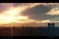 Rule 34 | artist name, building, city lights, cityscape, cloud, cloudy sky, dated, diffraction spikes, highres, letterboxed, mountainous horizon, no humans, original, outdoors, scenery, signature, sky, skyscraper, sunset, waisshu (sougyokyuu), watermark