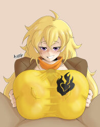 Rule 34 | 1boy, 1girl, absurdres, ahoge, artist name, arusen, blonde hair, blush, breasts, breasts squeezed together, clothed female nude male, covered erect nipples, fingerless gloves, gloves, grabbing own breast, highres, huge breasts, jacket, long hair, looking at viewer, naughty face, nude, paizuri, paizuri under clothes, pov, purple hair, rwby, scarf, simple background, smile, yang xiao long