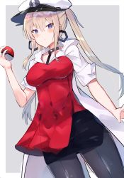 Rule 34 | 1girl, absurdres, black pantyhose, black skirt, blonde hair, blue eyes, blush, breasts, choker, closed mouth, coat, cosplay, creatures (company), earrings, game freak, graf zeppelin (kancolle), hair between eyes, hat, highres, holding, holding poke ball, hoop earrings, jewelry, kantai collection, large breasts, long hair, nintendo, nonon (xenonbot), oleana (pokemon), oleana (pokemon) (cosplay), pantyhose, peaked cap, poke ball, poke ball (basic), pokemon, pokemon swsh, sidelocks, simple background, skirt, solo, twintails, white coat, white hat