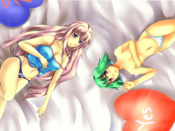 Rule 34 | 00s, 2girls, bad id, bad pixiv id, breast hold, breasts, camisole, covering privates, covering breasts, covered erect nipples, flat chest, from above, green hair, heart, heart-shaped pillow, long hair, lying, macross, macross frontier, medium breasts, multiple girls, nahu, navel, on back, panties, pillow, pink hair, ranka lee, sheryl nome, short hair, smile, topless, underwear, yes-no pillow