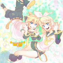 Rule 34 | 1boy, 1girl, arm warmers, ascot, bad id, bad pixiv id, belt, blonde hair, blue hair, brother and sister, grin, hair ornament, hair ribbon, hairband, hairpin, headphones, heart, kagamine len, kagamine rin, midriff, navel, open mouth, ribbon, shabomu, shorts, siblings, smile, twins, vocaloid