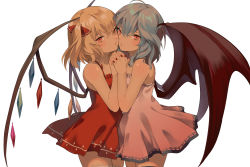 Rule 34 | 2girls, bare shoulders, bat wings, blonde hair, blue hair, bow, cheek-to-cheek, chestnut mouth, collarbone, dress, eredhen, face-to-face, fingernails, flandre scarlet, hair between eyes, hair bow, heads together, highres, holding hands, imminent kiss, incest, interlocked fingers, jpeg artifacts, lavender dress, looking at viewer, multiple girls, nail polish, parted lips, red bow, red dress, red eyes, red nails, remilia scarlet, short dress, short hair, siblings, side ponytail, simple background, sisters, sleeveless, sleeveless dress, thighhighs, touhou, white background, wings, yuri