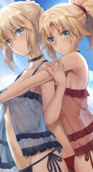 Rule 34 | 2girls, ahoge, alternate costume, artoria pendragon (all), artoria pendragon (fate), babydoll, bare shoulders, blonde hair, blue panties, blue ribbon, blue sky, blush, braid, breasts, choker, closed mouth, commentary request, expressionless, fate/apocrypha, fate/grand order, fate/stay night, fate (series), french braid, green eyes, hair bun, hair ribbon, highres, long hair, looking at viewer, mordred (fate), mordred (fate/apocrypha), mother and daughter, multiple girls, navel, nightgown, panties, parted bangs, ponytail, red panties, ribbon, saber (fate), sidelocks, sky, small breasts, string panties, swimsuit, tonee, underwear