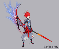 Rule 34 | 1boy, absurdres, apollo (mythology), arm blade, armor, character name, full body, glowing, glowing hair, greek mythology, grey background, highres, looking at viewer, male focus, mecha danshi, orange eyes, original, palow, plate armor, red hair, serious, solo, sword, weapon