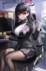 Rule 34 | 1girl, absurdres, black hair, black pantyhose, black skirt, blue archive, blunt bangs, blush, breasts, eternity (shadeh), hair ornament, hairclip, halo, highres, holding, holding tablet pc, large breasts, long hair, long sleeves, looking at viewer, monitor, office lady, open mouth, pantyhose, red eyes, rio (blue archive), sitting, skirt, solo, sweater, tablet pc, turtleneck, turtleneck sweater, very long hair, white sweater