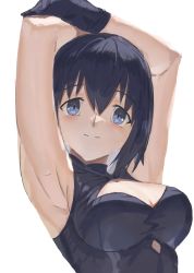 Rule 34 | 1girl, armpits, arms behind head, arms up, black gloves, black hair, blue eyes, blush, breasts, ciel (tsukihime), cleavage, cleavage cutout, closed mouth, clothing cutout, gloves, hair between eyes, highres, large breasts, presenting armpit, ryes 8, simple background, smile, solo, tsukihime, unfinished, upper body, white background