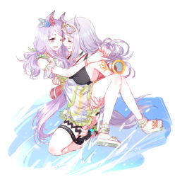 Rule 34 | 2girls, animal ears, anklet, black one-piece swimsuit, blush, breasts, carrying, closed eyes, dress, eyewear on head, gold ship (run revolt launcher) (umamusume), gold ship (umamusume), grin, horse ears, horse girl, horse tail, jewelry, long hair, looking at another, medium breasts, mejiro mcqueen (ripple fairlady) (umamusume), mejiro mcqueen (umamusume), multiple girls, necklace, one-piece swimsuit, one eye closed, open mouth, princess carry, purple hair, romi (346 ura), sandals, smile, sunglasses, swimsuit, tail, thigh strap, umamusume, water, water gun, white dress