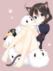 Rule 34 | 1girl, ahoge, animal ears, barefoot, bird, bottomless, bow, brown hair, closed mouth, cloud, commentary request, ears visible through hair, failure penguin, feet, hair between eyes, holding, hug, kantai collection, kemonomimi mode, knees together feet apart, long hair, looking at viewer, miss cloud, naoto (tulip), no panties, no pants, paw print, paw print pattern, penguin, red neckwear, shigure (kancolle), simple background, sitting, tail, toenails, toes