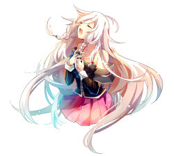 Rule 34 | 1girl, blonde hair, braid, closed eyes, ia (vocaloid), long hair, mary (14476764), music, no legs, off shoulder, open mouth, own hands clasped, own hands together, pleated skirt, singing, skirt, solo, twin braids, very long hair, vocaloid