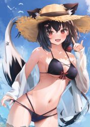 Rule 34 | 1girl, animal ear fluff, animal ears, bad id, bad pixiv id, bikini, black bikini, black hair, blush, bow, braid, breasts, cleavage, cloud, cloudy sky, commentary request, day, ears through headwear, fang, fox ears, fox girl, fox shadow puppet, fox tail, hair between eyes, hair bow, hat, highres, hololive, kurokami fubuki, long hair, looking at viewer, navel, ocean, open clothes, open mouth, open shirt, pentagram, red bow, red eyes, shirt, sidelocks, single braid, skin fang, sky, small breasts, smile, solo, straw hat, swimsuit, tail, uechin ewokaku, virtual youtuber, wading, wet, wet clothes, white shirt