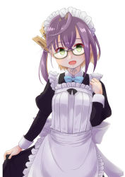 Rule 34 | 1girl, absurdres, alternate costume, apron, black dress, blonde hair, dress, enmaided, frilled apron, frills, fyuo, glasses, green-framed eyewear, green eyes, highres, juliet sleeves, kantai collection, long sleeves, maid, maid apron, maid headdress, multicolored hair, okinami (kancolle), puffy sleeves, purple hair, short hair, simple background, solo, white apron, white background