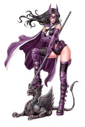 Rule 34 | 1girl, animification, armor, batman (series), belt, belt pouch, black hair, blue eyes, boots, breast hold, breasts, cape, clothing cutout, dc comics, domino mask, elbow gloves, floating hair, full body, gargoyle, gloves, helena bertinelli, high heels, holding, huntress (dc), impossible clothes, impossible leotard, justice league, knee pads, large breasts, leg lift, leotard, lips, lipstick, long hair, looking at viewer, makeup, mask, midriff, navel, navel cutout, platform footwear, pouch, shin guards, shoes, simple background, smile, solo, staff, standing, statue, strap, superhero costume, thighhighs, utility belt, weapon, white background, yamashita shun&#039;ya