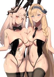 Rule 34 | 2girls, 360 (taiyo360), :o, absurdres, alternate costume, animal ears, arknights, arm around waist, asymmetrical docking, bare shoulders, black bow, black bowtie, black hairband, black necktie, black thighhighs, blonde hair, blonde pubic hair, blue eyes, blue hairband, blush, bow, bowtie, braid, breast press, breasts, cleavage, collarbone, covered navel, cowboy shot, detached collar, dragon horns, fake animal ears, female pubic hair, groin, hairband, half-closed eyes, highres, horns, large breasts, leotard, long hair, material growth, meme attire, mudrock (arknights), multiple girls, navel, necktie, oripathy lesion (arknights), parted lips, playboy bunny, pointy ears, pubic hair, rabbit ears, red eyes, saileach (arknights), see-through, side-tie leotard, side braid, simple background, strapless, strapless leotard, sweat, swept bangs, thighhighs, traditional bowtie, translucent bunnysuit, very long hair, white background