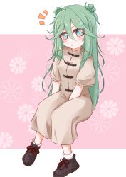 Rule 34 | 1girl, :o, between legs, black footwear, blue eyes, blush, braid, breasts, brown dress, double bun, dress, floral background, green hair, hair between eyes, hair bun, hand between legs, highres, kantai collection, long hair, looking at viewer, notice lines, parted lips, pink background, ridy (ri sui), shoes, short sleeves, sitting, small breasts, socks, solo, two-tone background, very long hair, white background, white socks, yamakaze (kancolle)