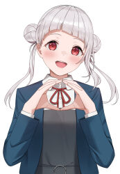 Rule 34 | 1girl, absurdres, arashi chisato, blazer, blue jacket, blunt bangs, blush, collared shirt, double bun, dress, enpido, grey dress, hair bun, heart, heart hands, highres, jacket, long sleeves, looking at viewer, love live!, love live! superstar!!, neck ribbon, open clothes, open jacket, open mouth, red eyes, red ribbon, ribbon, school uniform, shirt, solo, teeth, twintails, upper body, upper teeth only, white background, white hair, white shirt, winter uniform, yuigaoka school uniform