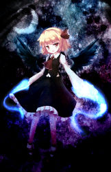 Rule 34 | 1girl, ascot, bird wings, black wings, blonde hair, cocozasa, fang, hair ribbon, highres, long sleeves, looking at viewer, open mouth, red eyes, ribbon, rumia, shirt, skirt, skirt set, smile, solo, touhou, vest, wings