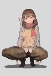 Rule 34 | 1girl, arms at sides, bad id, bad pixiv id, black pantyhose, blindfold, breasts, brown eyes, brown hair, brown vest, closed mouth, commentary request, copyright request, crotch seam, gluteal fold, grey background, hair ornament, hairclip, heart, highres, ihobus, korean commentary, long sleeves, looking at viewer, medium breasts, no pants, no shoes, pantyhose, red scarf, scarf, shadow, shirt, simple background, smile, solo, spread legs, squatting, thighband pantyhose, vest, white shirt