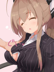 Rule 34 | 10s, 1girl, amagi brilliant park, antenna hair, bow, breasts, brown hair, business suit, cleavage, closed eyes, formal, hair bow, kaisen chuui, large breasts, long hair, long sleeves, open mouth, ponytail, sento isuzu, sleep molestation, sleeping, solo focus, suit