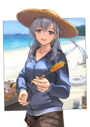 Rule 34 | 1girl, beach, beer can, blue jacket, blush, breasts, brown shorts, can, cleavage, collarbone, drink can, grey eyes, grey hair, hair between eyes, hat, highres, holding, jacket, kantai collection, large breasts, long hair, long sleeves, ocean, open mouth, outdoors, pumpkin, shorts, smile, solo, straw hat, sun hat, suzutsuki (kancolle), tantaka, twitter username