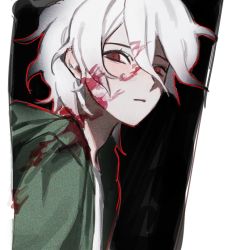 Rule 34 | alternate eye color, black background, blood, blood on clothes, blood on face, closed mouth, danganronpa (series), danganronpa 2: goodbye despair, from side, green jacket, hood, hood down, hooded jacket, jacket, komaeda nagito, looking at viewer, male focus, open clothes, open jacket, outline, red eyes, red outline, serious, shirt, short hair, solo, upper body, white background, white hair, yp (pypy 5 )