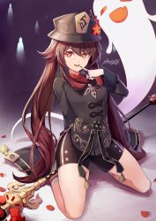 Rule 34 | 1girl, black hat, black shorts, brown hair, finger to mouth, full body, genshin impact, ghost, half-closed eyes, hat, highres, hiroki ree, hu tao (genshin impact), jewelry, kneeling, long sleeves, open mouth, polearm, red eyes, ring, shorts, signature, smile, socks, solo, star-shaped pupils, star (symbol), symbol-shaped pupils, tailcoat, top hat, twintails, weapon