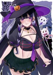 Rule 34 | 1girl, adapted costume, black hair, black hat, breasts, cleavage, crop top, green skirt, hat, highres, kano3, large breasts, long hair, meloco kyoran, melove (meloco kyoran), multicolored hair, necktie, nijisanji, nijisanji en, purple eyes, purple hair, purple necktie, skirt, solo, streaked hair, virtual youtuber, witch hat