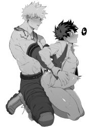 Rule 34 | 2boys, anal, arm tattoo, bakugou katsuki, blush, boku no hero academia, bottomless, bridal gauntlets, clothed sex, cum, cum in ass, ear piercing, freckles, goodbye glory, highres, jewelry, male focus, male penetrated, midoriya izuku, monochrome, multiple boys, muscular, muscular male, necklace, nipples, open clothes, pectorals, piercing, scar, sweat, tattoo, tearing up, topless male, yaoi