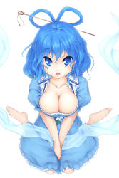 Rule 34 | 1girl, barefoot, blue eyes, blue hair, breasts, cleavage, collarbone, die blonde bestie, downblouse, dress, female focus, flower, hair ornament, hair rings, hair stick, highres, kaku seiga, large breasts, matching hair/eyes, open mouth, shawl, short hair, short sleeves, sitting, smile, solo, touhou, v arms, vest, wariza