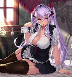 Rule 34 | 1girl, arm support, bed, bedroom, black skirt, blouse, blush, bodice, bottle, bra, breasts, brown thighhighs, cabinet, canopy bed, cleavage, demon girl, demon maid (houtengeki), dirndl, eyeliner, female focus, garter straps, german clothes, hair between eyes, hair intakes, hair ribbon, twirling hair, highres, horns, houtengeki, indoors, large breasts, light particles, light purple hair, light rays, long hair, lying, maid headdress, makeup, mouth hold, on bed, open clothes, open shirt, original, perfume bottle, pink hair, pointy ears, purple eyes, ribbon, shirt, short sleeves, sidelocks, sitting, skirt, solo, sunbeam, sunlight, thighhighs, thighs, twintails, unbuttoned, underbust, underwear, very long hair, white shirt, wing collar, wrist cuffs