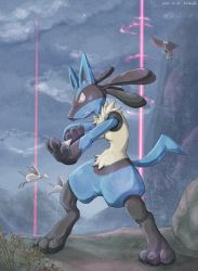 Rule 34 | 1boy, absurdres, animal ears, bird, braviary, commentary request, creatures (company), dated, evening, fangs, fangs out, fighting stance, flying, furry, game freak, gen 2 pokemon, gen 4 pokemon, gen 5 pokemon, highres, katkichi, light beam, lucario, mountainous horizon, nintendo, outdoors, pokemon, pokemon (creature), red eyes, signature, skarmory, solo focus, spikes, standing