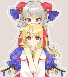 Rule 34 | !, 2girls, blonde hair, blush, breasts, crystal, curly hair, earrings, flandre scarlet, grey background, grey hair, highres, horns, hug, hug from behind, jewelry, long sleeves, looking at another, multiple girls, ponytail, red eyes, sheep girl, sheep horns, side ponytail, small breasts, touhou, toutetsu yuuma, user tppj4775, wings