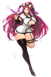 Rule 34 | 1girl, absurdres, black footwear, black panties, braid, breasts, buttons, cleavage, closed mouth, collarbone, commentary, commission, curvy, dress, fire emblem, fire emblem heroes, full body, garter straps, gurimjang, hand on own hip, hat, highres, holding, huge breasts, large breasts, leg up, lips, loki (fire emblem), long hair, looking at viewer, nintendo, nurse, panties, pixiv commission, purple eyes, purple hair, shiny skin, short dress, short sleeves, simple background, single thighhigh, smile, solo, syringe, thick thighs, thighhighs, thighs, underwear, white background, wide hips