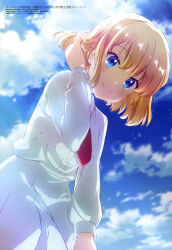 Rule 34 | 1girl, absurdres, blonde hair, blue eyes, blue sky, closed mouth, cloud, day, dress, from below, hand in own hair, highres, long sleeves, looking at viewer, megami magazine, mia luna tearmoon, necktie, official art, outdoors, red necktie, scan, short hair, sky, smile, solo, tearmoon teikoku monogatari, white dress