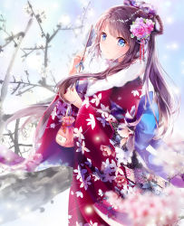 Rule 34 | 1girl, arrow (projectile), blue eyes, blush, bow, brown hair, closed mouth, commentary request, floral print, flower, hair bow, hair flower, hair ornament, hamaya, highres, holding, holding arrow, japanese clothes, kimono, long hair, long sleeves, looking away, mutang, nengajou, new year, original, pink flower, print bow, print kimono, red kimono, solo, very long hair, wide sleeves