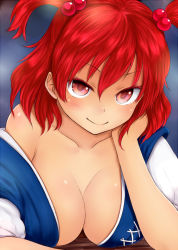 Rule 34 | 1girl, bare shoulders, blush, breasts, chikado, head rest, cleavage, collarbone, female focus, hair bobbles, hair ornament, huge breasts, off shoulder, onozuka komachi, red eyes, red hair, short hair, short twintails, smile, solo, touhou, twintails, two side up, upper body