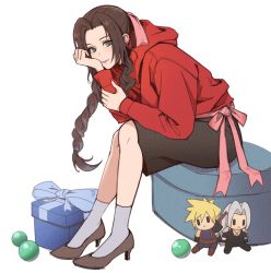Rule 34 | 1girl, aerith gainsborough, alternate costume, black skirt, bow, box, braid, braided ponytail, brown hair, cloud strife, doll, final fantasy, final fantasy vii, final fantasy vii remake, full body, gift, gift box, green eyes, hand on own arm, hand on own face, high heels, highres, hood, hood down, hoodie, leaning forward, long sleeves, lukrevadraws, materia, ottoman, parted bangs, red hoodie, sephiroth, sidelocks, sitting, skirt, smile, solo, square enix, stuffed toy, wavy hair, white background
