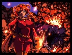 Rule 34 | 1girl, anpanman, anpanman (character), boxing gloves, breasts, cape, covered erect nipples, fire, hataraki ari, large breasts, looking at viewer, orange hair, smile, solo, standing, twintails, wreckage