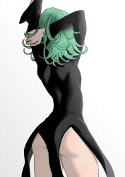 Rule 34 | 1girl, absurdres, arm behind head, ass, back, black dress, commentary, cowboy shot, curly hair, dress, english commentary, from behind, green hair, hands up, highres, long sleeves, medium hair, one-punch man, redi (rasec asdjh), simple background, solo, standing, stretching, tatsumaki, thighs, variant set, white background
