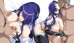 Rule 34 | 1boy, 1girl, acheron (honkai: star rail), ass, bare shoulders, black gloves, black thighhighs, blue hair, blush, breasts, censored, commentary request, elbow gloves, fellatio, french kiss, gloves, grey hair, handjob, hella p, holding, honkai: star rail, honkai (series), kiss, korean commentary, large breasts, long hair, mosaic censoring, navel, nipples, oral, paid reward available, paizuri, parted lips, penis, simple background, stomach, thighhighs, thighs, underboob, white background