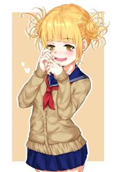 10s 1girl blonde_hair blunt_bangs blush boku_no_hero_academia brown_background cardigan cowboy_shot double_bun female_focus hair_bun half-closed_eyes messy_hair miniskirt outside_border school_uniform serafuku shin_(highest1192) skirt solo toga_himiko yellow_eyes