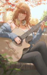 Rule 34 | 1girl, absurdres, autumn leaves, bare shoulders, bench, black pants, blue shirt, breasts, brown eyes, free style (yohan1754), grey tank top, guitar, hair over one eye, headphones, headphones around neck, highres, instrument, large breasts, leaf, light brown hair, long hair, music, off shoulder, original, outdoors, pants, playing instrument, shirt, sitting, smirk, solo, tank top