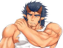 Rule 34 | 1boy, bara, blue hair, brown eyes, dark blue hair, demon boy, demon horns, facial hair, forked eyebrows, frown, horns, jewelry, large pectorals, long sideburns, looking at viewer, male focus, muscular, muscular male, necklace, nipples, pectorals, shirt, short hair, sideburns, sidepec, solo, stubble, sweatdrop, takemaru (housamo), tank top, thick eyebrows, tokyo houkago summoners, torn clothes, torn shirt, upper body, white background, white tank top, xiaojishangtian