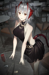 Rule 34 | 1girl, ahoge, alcohol, alternate costume, antennae, arknights, backless dress, backless outfit, black dress, chair, collarbone, cup, demon girl, demon horns, demon tail, dress, drinking glass, glass table, headhunting permit (arknights), highres, horns, looking at viewer, necktie, raitho, red eyes, short dress, short hair, silver hair, smile, solo, table, tail, tongue, tongue out, w (arknights), wine, wine glass