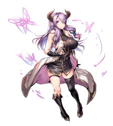 Rule 34 | 10s, 1girl, ajishio, bare shoulders, breasts, bug, butterfly, draph, granblue fantasy, hair over one eye, huge breasts, insect, legs, long hair, looking at viewer, narmaya (granblue fantasy), purple eyes, purple hair, sideboob, simple background, smile, solo, thighs
