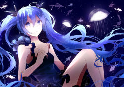 Rule 34 | 1girl, bad id, bad pixiv id, black dress, blue dress, blue hair, blue nails, dress, gradient background, hatsune miku, lococo:p, long hair, looking at viewer, nail polish, shinkai shoujo (vocaloid), solo, twintails, underwater, very long hair, vocaloid