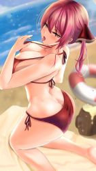 Rule 34 | 1girl, absurdres, ass, bare shoulders, barefoot, bikini, blush, breasts, butt crack, from above, from behind, green eyes, hair ribbon, heterochromia, highres, hololive, houshou marine, kneeling, large breasts, long hair, looking at viewer, open mouth, red eyes, red hair, ribbon, rikadoh, shiny clothes, shiny skin, sideboob, solo, swimsuit, tongue, tongue out, twintails, virtual youtuber