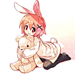 Rule 34 | 1girl, animal ears, black thighhighs, hair ornament, hairclip, hug, kneeling, long sleeves, looking at viewer, mizuki kotora, no shoes, hugging object, open mouth, pink hair, rabbit ears, rabbit tail, red eyes, short hair, solo, stuffed animal, stuffed toy, sweater, tail, teddy bear, thighhighs