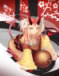 Rule 34 | 1girl, absurdres, blonde hair, breasts, cleavage, cup, detached sleeves, doha skylightscent, facial mark, fate (series), floral print, highres, horns, ibaraki douji (fate), japanese clothes, kimono, kneeling, long hair, looking at viewer, oni, oni horns, pointy ears, red horns, sakazuki, small breasts, solo, tattoo, yellow eyes, yellow kimono