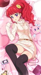 Rule 34 | 10s, 1girl, aikatsu!, aikatsu! (series), aran sweater, arm at side, bag, bare shoulders, belt, black thighhighs, blue bow, blush, bow, cable knit, cellphone, chestnut mouth, clothing cutout, dress, earrings, fingernails, flower, frilled pillow, frills, gem, hair flower, hair ornament, handbag, heart, heart earrings, heart necklace, heart-shaped pillow, highres, jewel (the black canvas), jewelry, kurebayashi juri, long fingernails, long hair, long sleeves, looking at viewer, lying, magazine (object), nail polish, necklace, on back, on bed, panties, pantyshot, phone, pillow, pink nails, ponytail, purple eyes, red hair, ribbed dress, ring, shoulder cutout, sleeves past wrists, solo, stuffed animal, stuffed toy, sweat, sweater, sweater dress, teddy bear, thighhighs, turtleneck, underwear, upskirt, white panties