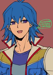 Rule 34 | 1boy, absurdres, blue hair, blue shirt, breast pocket, bruno (yu-gi-oh!), flat color, hexadecimal, high collar, highres, jacket, looking to the side, male focus, open clothes, open jacket, open mouth, pocket, purple eyes, red background, shirt, short hair, simple background, smile, solo, speech bubble, talking, translated, upper body, youko-shima, yu-gi-oh!, yu-gi-oh! 5d&#039;s